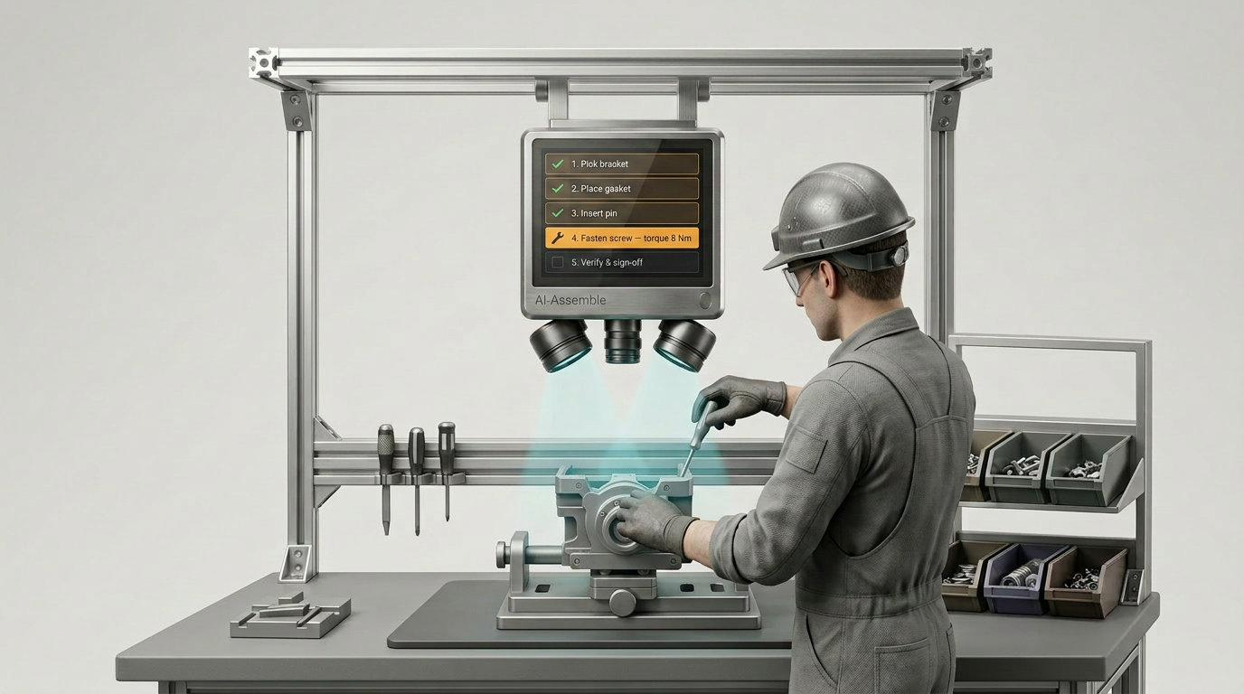 AI-Assemble Nano guided assembly station with operator and cyan vision light cones