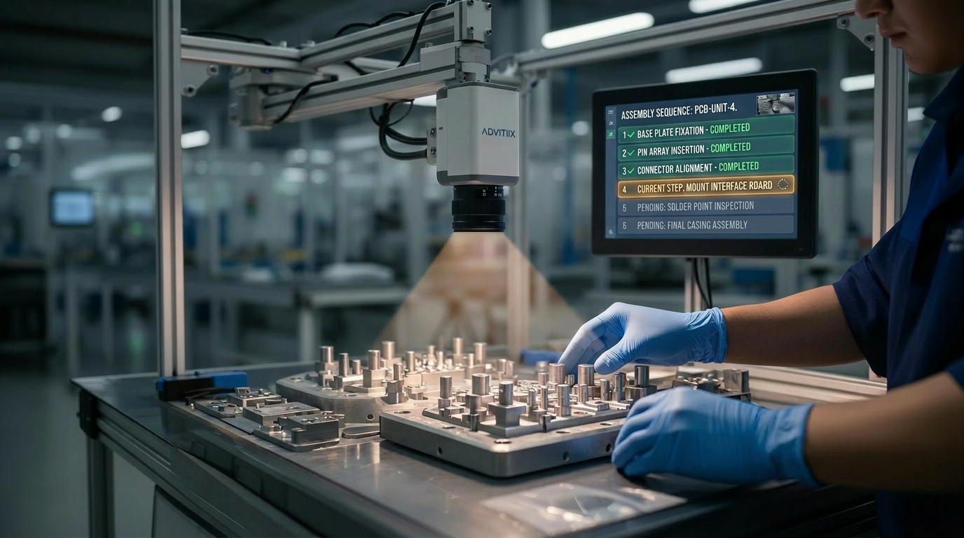 AI-Assemble station deployed on an assembly line - overhead camera and HMI guiding an operator through a fixture build