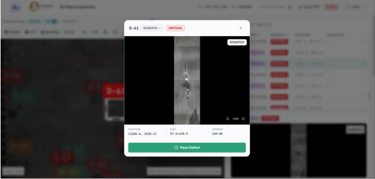 AI Plate Inspection dashboard with detected defects, severity breakdown, and pass/fail decision