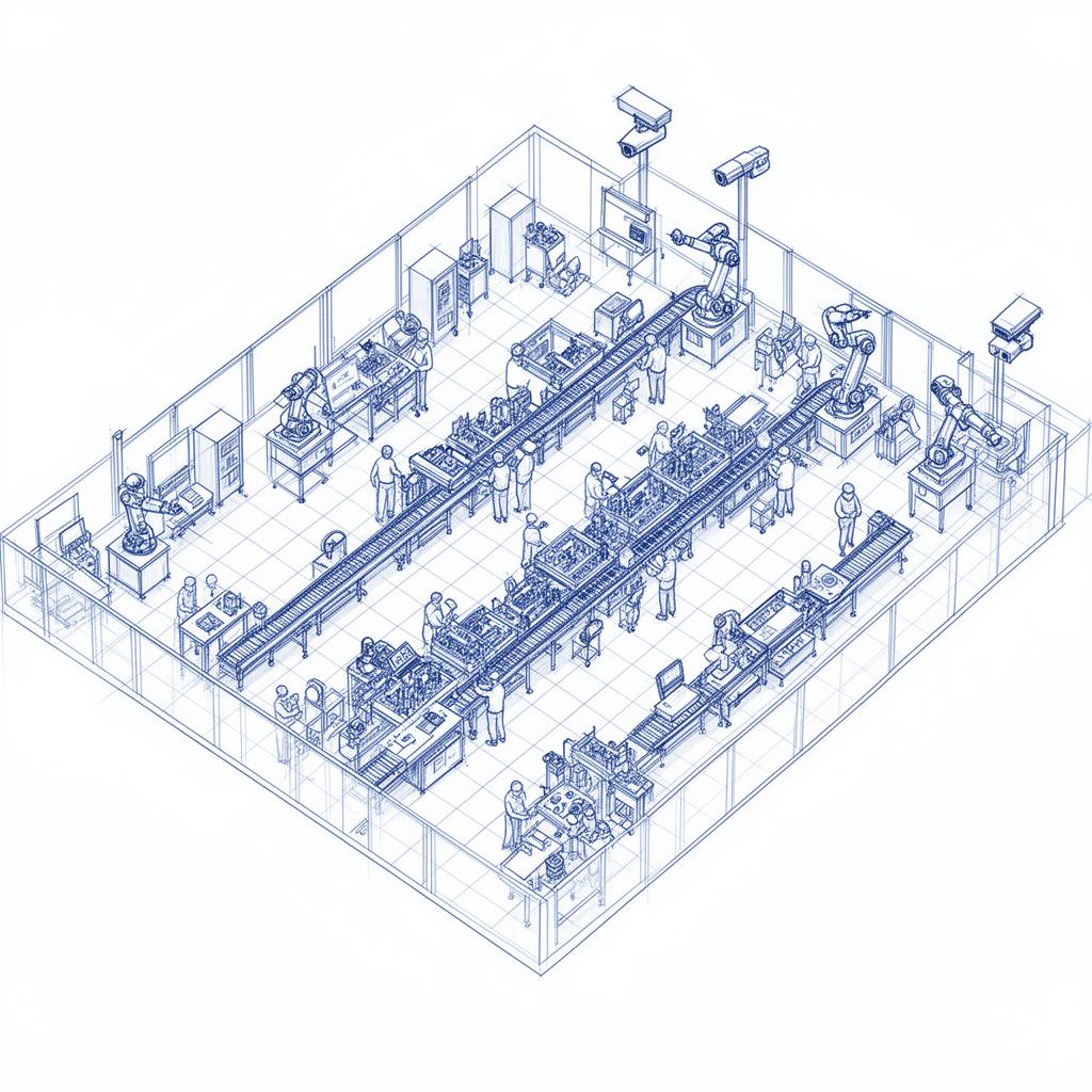 Aerial blueprint sketch of an AI-enabled factory floor with assembly lines, robots and overhead vision cameras