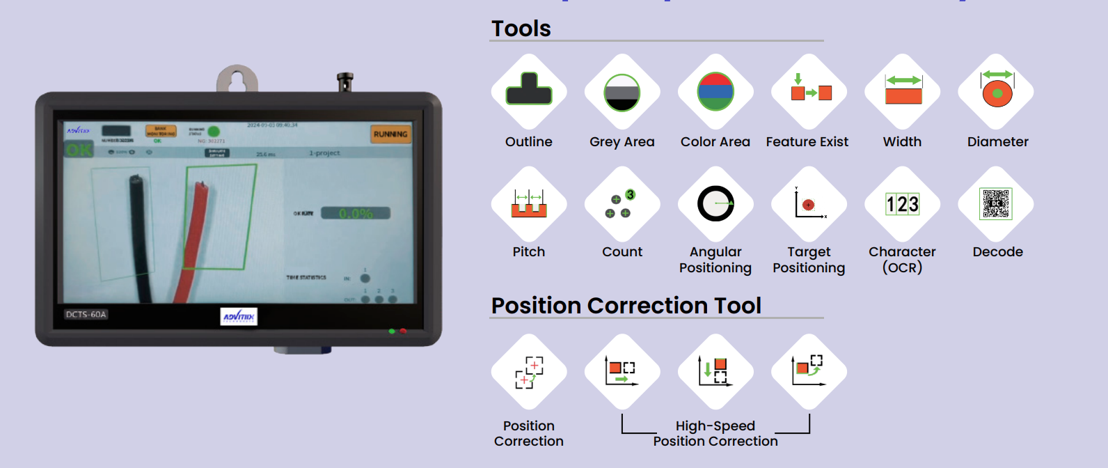 AI-Inspect tool library - outline, grey area, color, feature, width, diameter, pitch, count, angular & target positioning, OCR, decode, and position correction