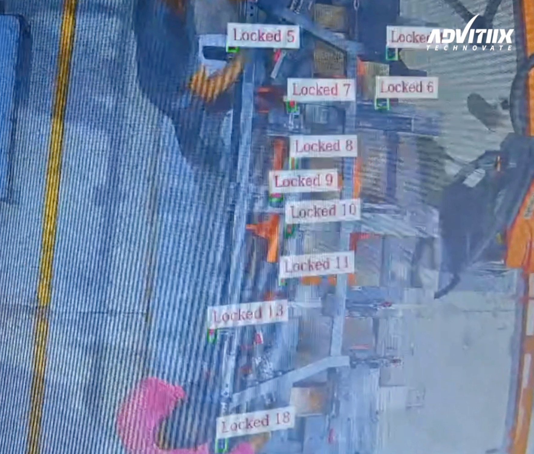 AI vision detecting locked clamps on a weld fixture with labelled Locked 5-18 bounding boxes