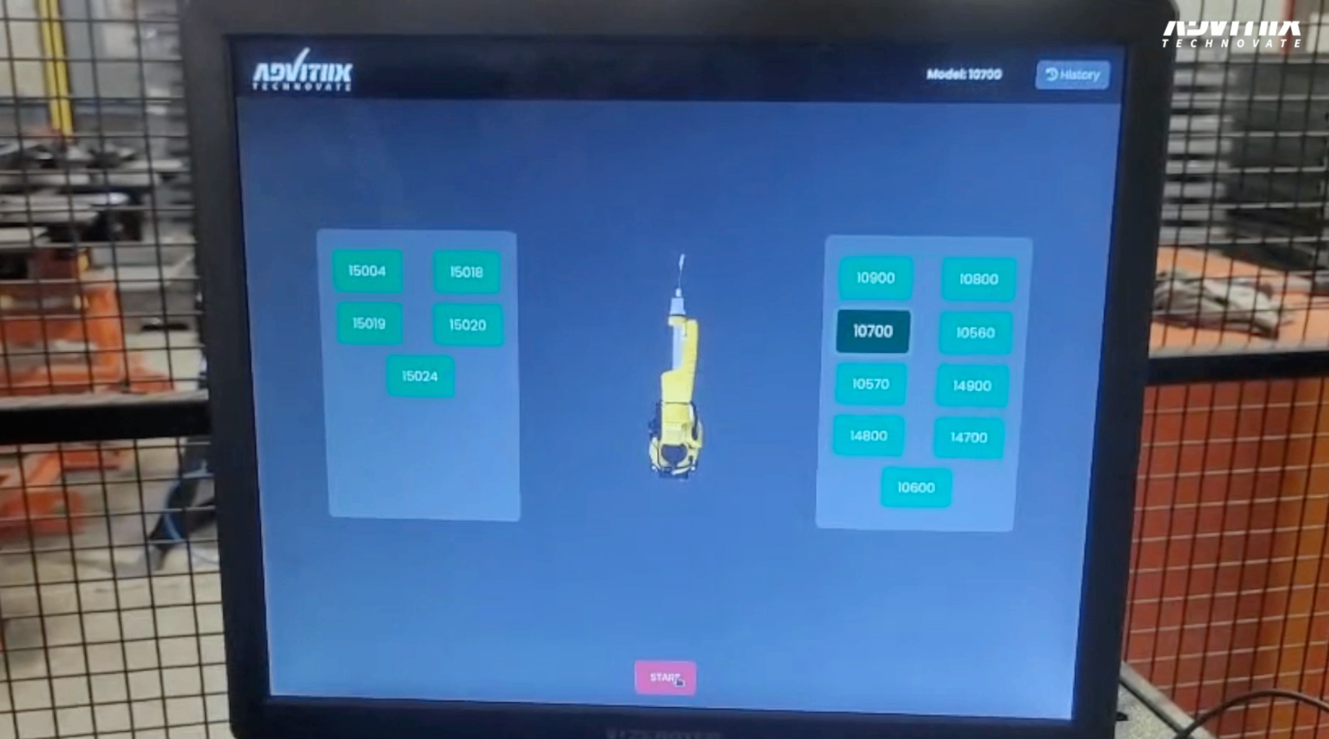 Advitiix model selection screen showing part numbers and a START button
