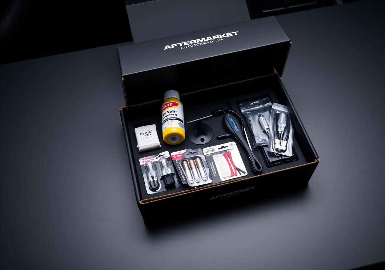 Aftermarket automotive accessory pack laid out in retail packaging
