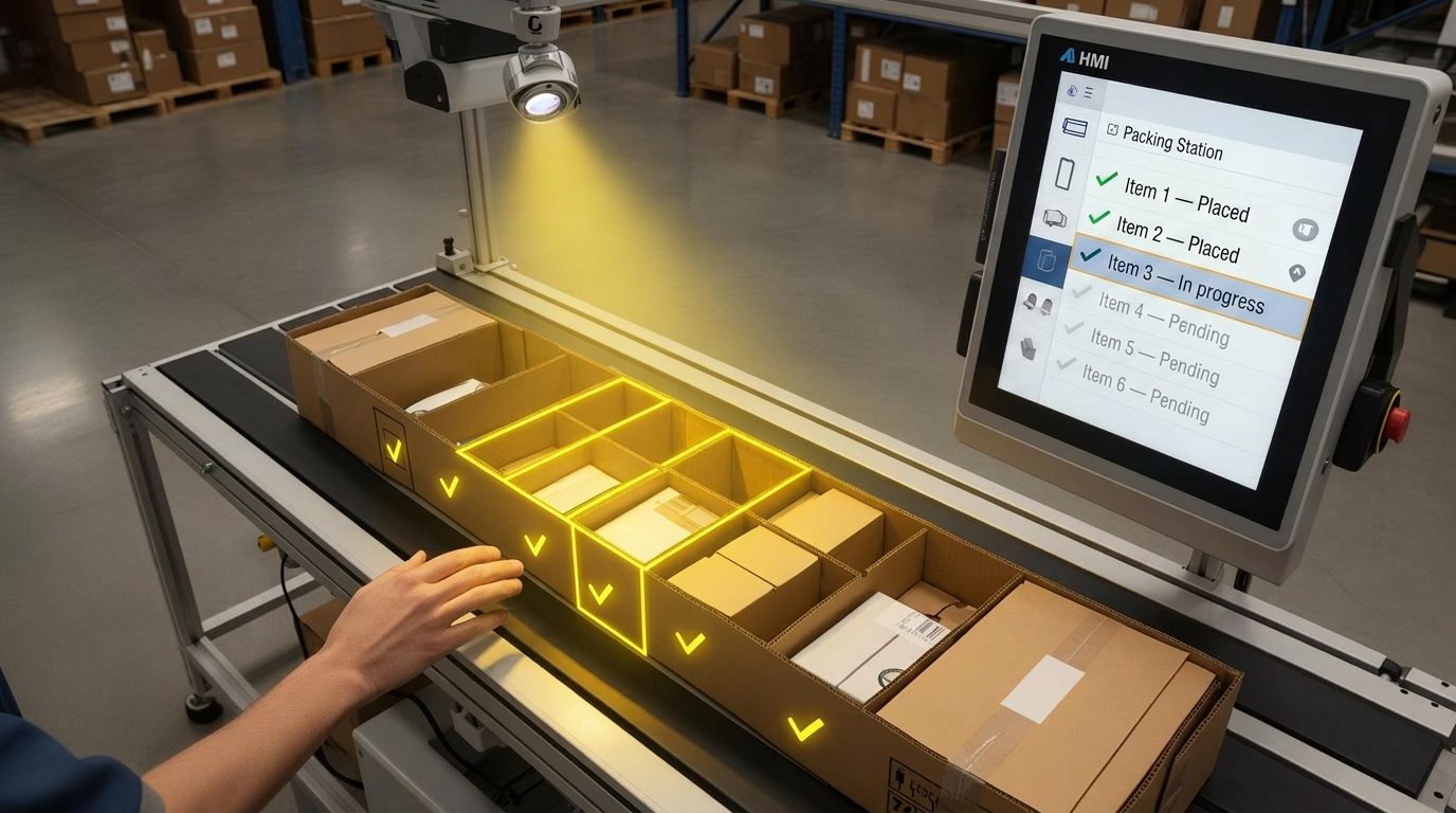 Pack Vision station - projector highlights the next slot while the HMI checklist tracks each verified placement