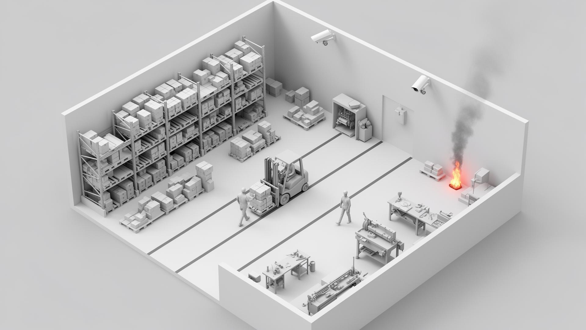 Top-down 3D floor plan of an industrial warehouse monitored by Advitiix AI Safety Vision