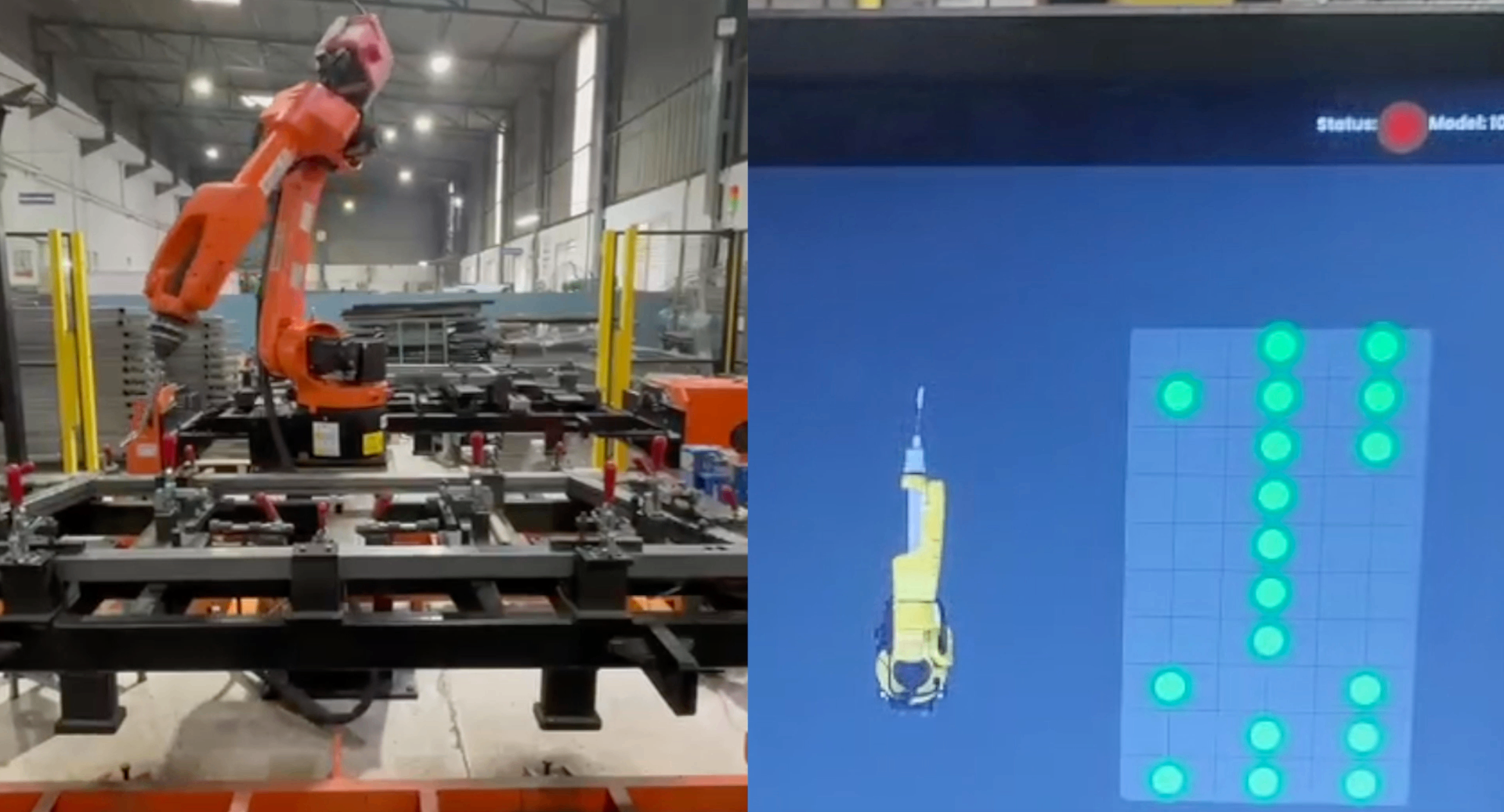 Orange welding robot arm at an automotive weld fixture alongside the live lock-status dashboard